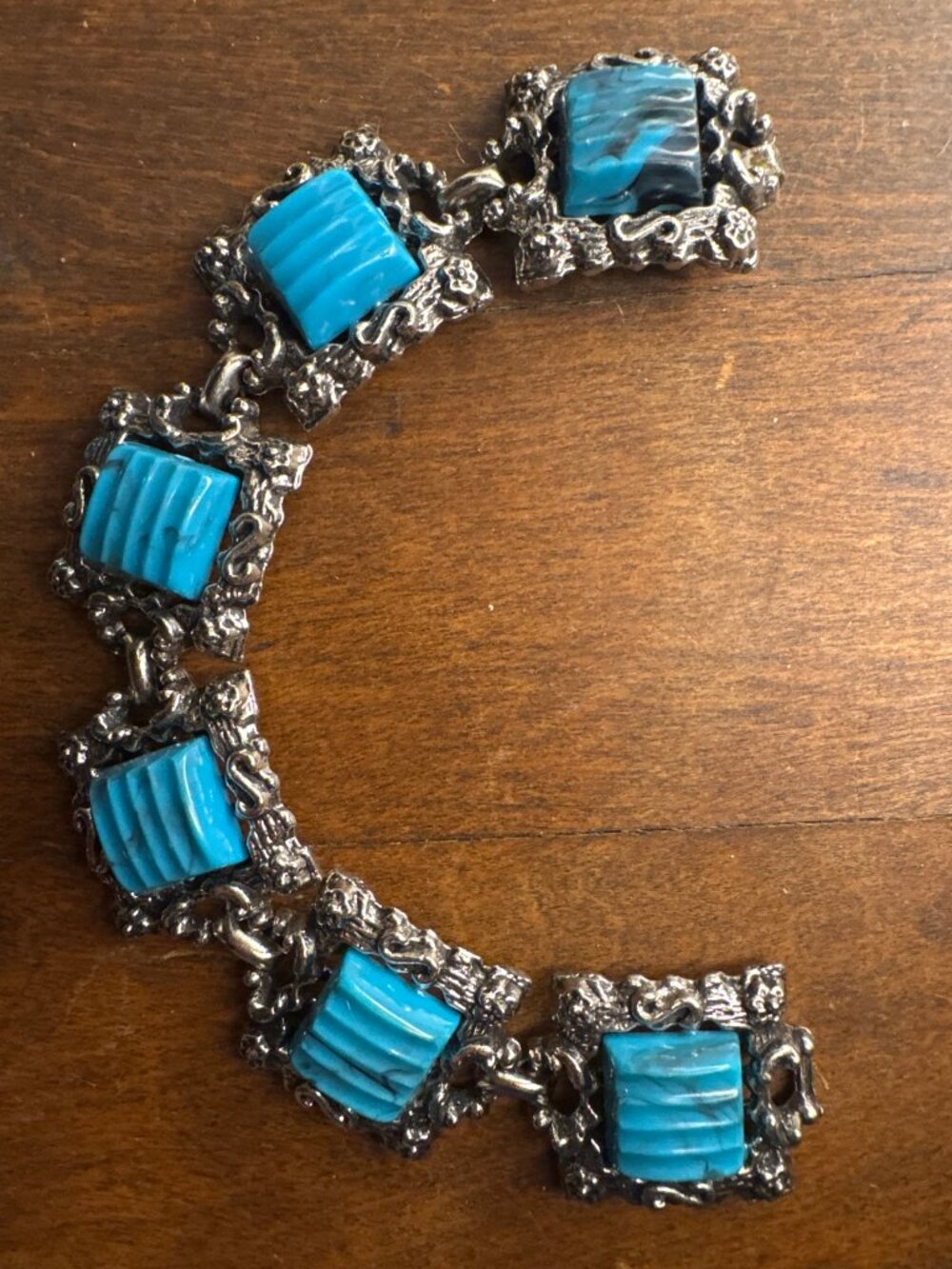 Vintage Selro Style Link Bracelet Faux Turquoise Glass Silver Tone Ornate 7 In